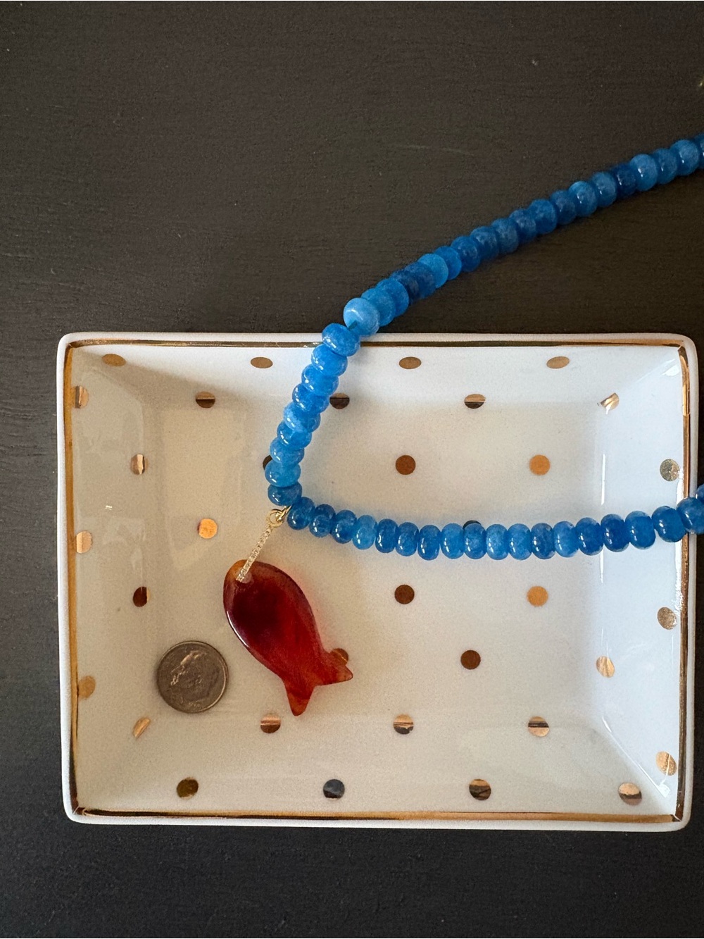 New Anthropologie Ocean Blue Beaded Necklace w/ Carnelian Fish Pendant - Picture 2 of 6